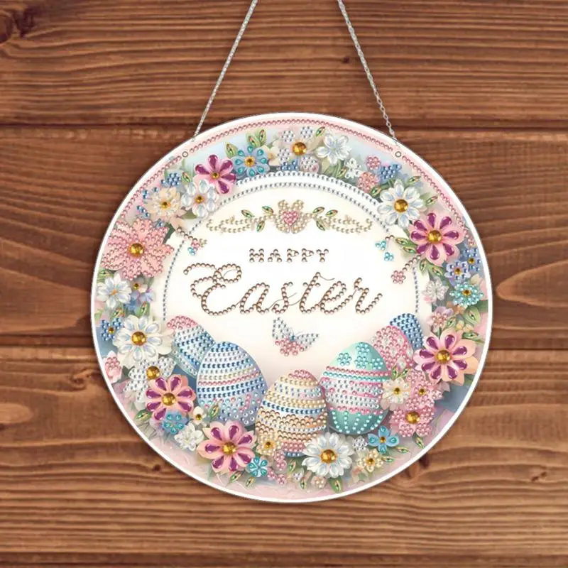 Seasonal Easter Crystal Painting Kits Easter Door Hanger Crystal Sign Happy Easter Egg Flower Ornament Sign For Spring Easter