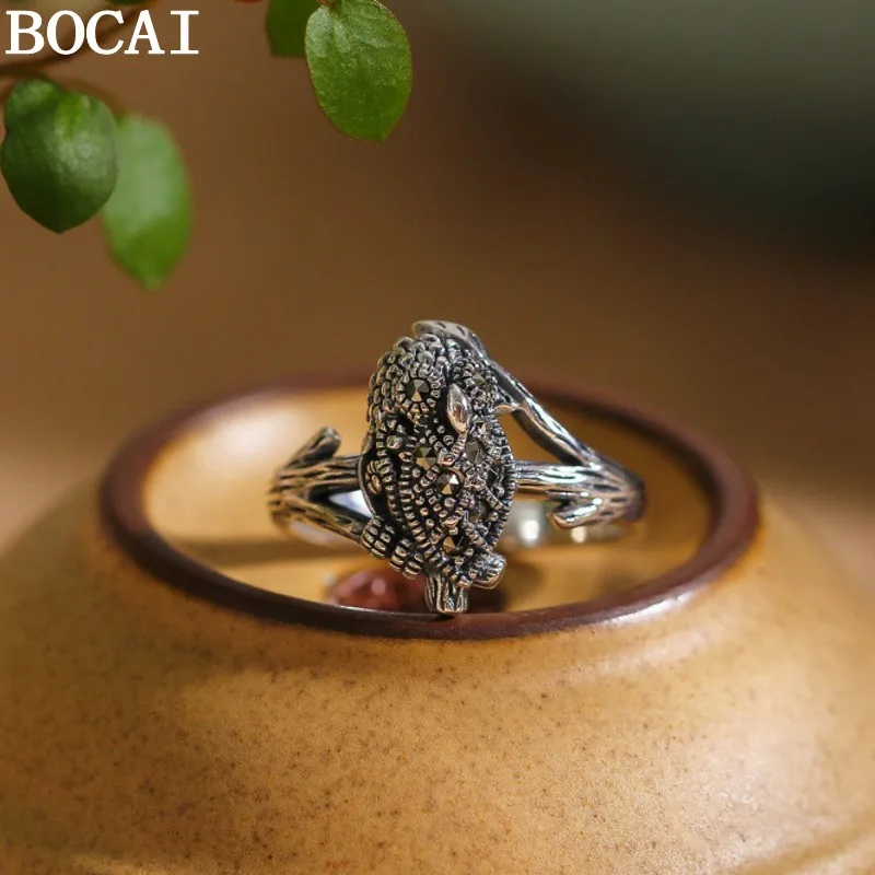 BOCAI New S925 Sterling Silver Jewelry Vintage And Fashionable Hip-hop Set With A Maxie Stone Ring Women's Selected Gift