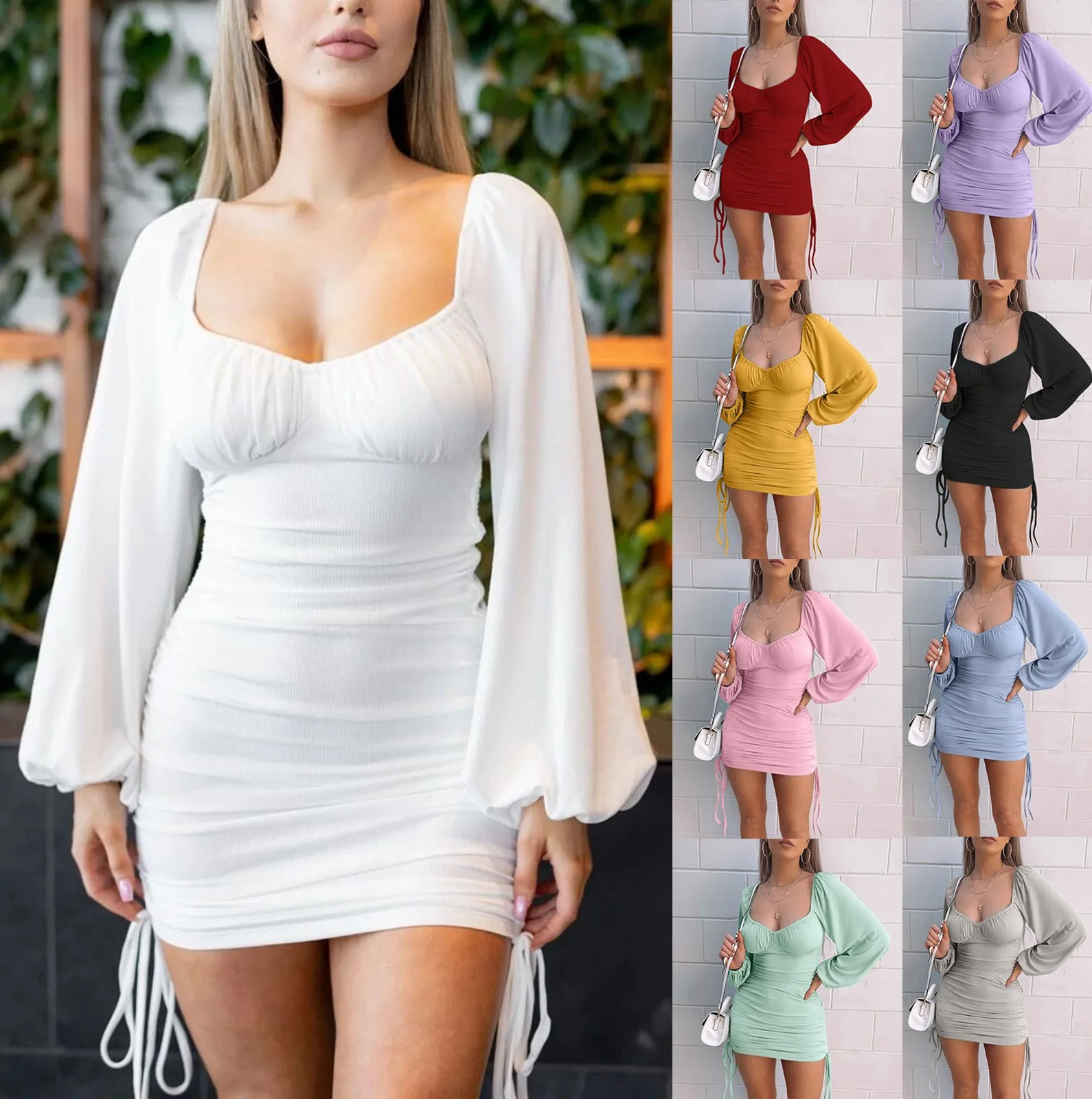Spring Sexy Slim-Fit Dress Fashion Drawstring Pleated Hip Dresses Long-Sleeved Tight Solid Color Dress Party Prom Mini Dress