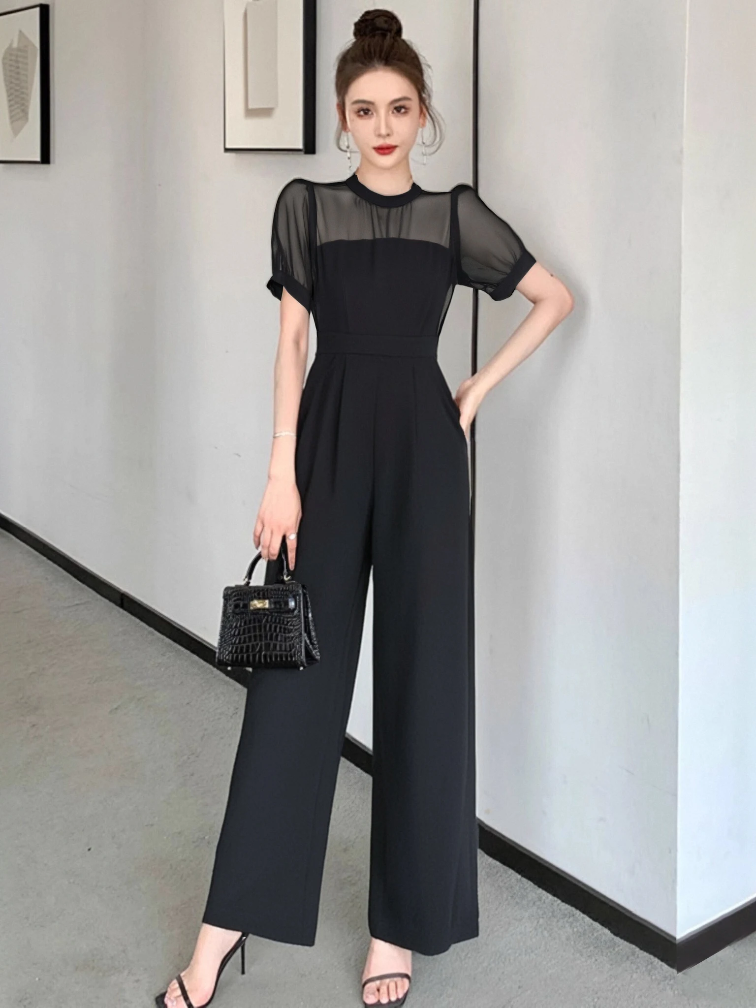 بدلة نسائية صيفية أنيقة بقطعة واحدة على طراز هيبي، بنطلون واسع الساق عالي الخصر، مصنوعة من ألياف البوليستر بسماكة عادية