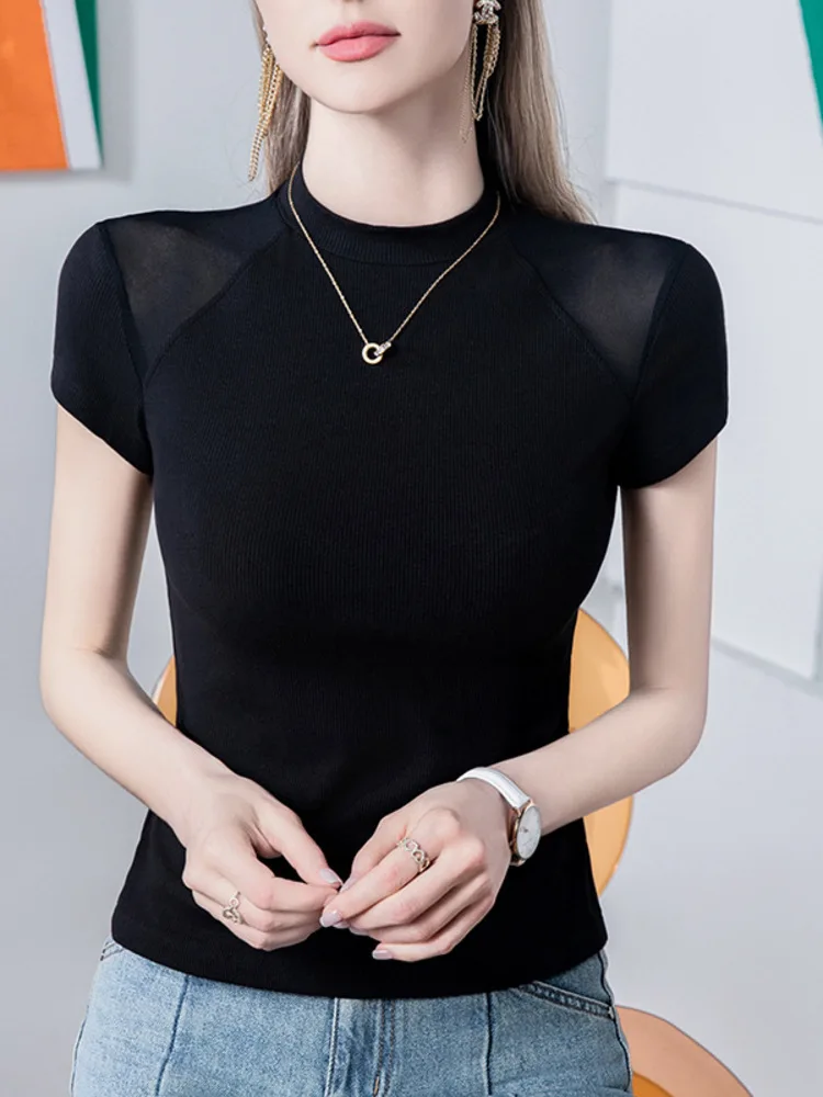 Stand Up Collar Solid Color T-Shirt Short Sleeved Mesh Splicing Small Sexy 2025 Summer New Basic Women's Clothing Western-Style