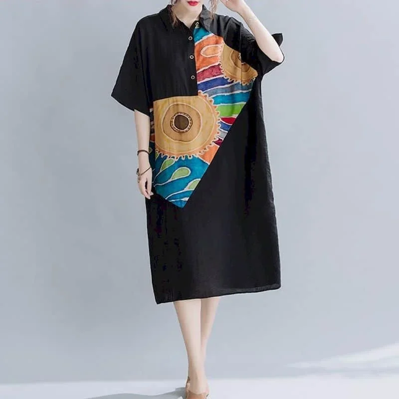 Abito da donna stampato a maniche corte con temperamento Abito stile coreano Tendenza estiva Camicie sottili larghe di media lunghezza Abito da donna