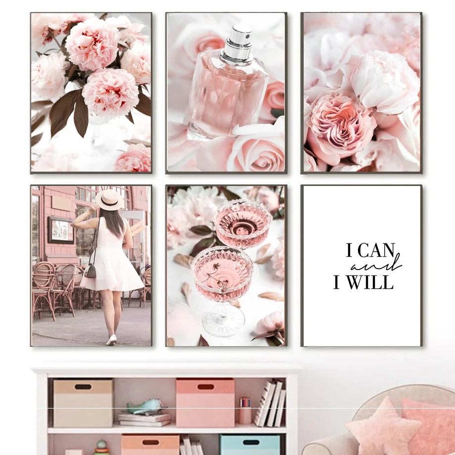 1PC Tram Street Car Perfume Pink Flower Girl Wall Art Canvas Painting Nordic Posters And Prints Wall Pictures For Living Room