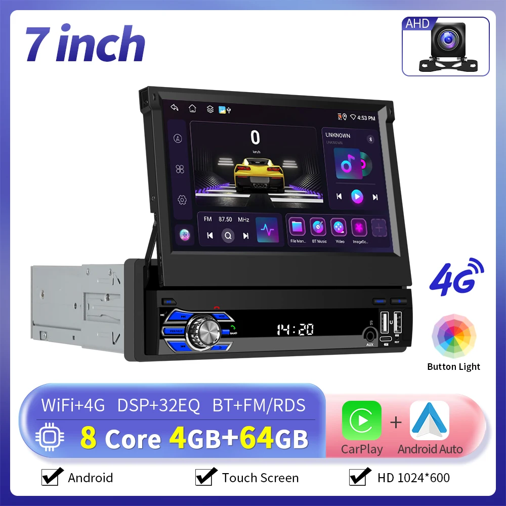 Camecho 4 + 64G 7 inch intrekbaar IPS-scherm 1 Din autoradio Carplay Android Auto GPS Stereo 1Din Multimedia Videospeler Wifi 4G