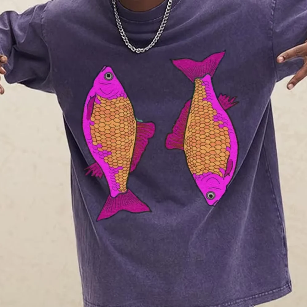 

Fluorescent Goldfish Lucky Printing T-Shirt Men's And Women's Same Pure Cotton Summer Designer Round Neck New Short Sleeves