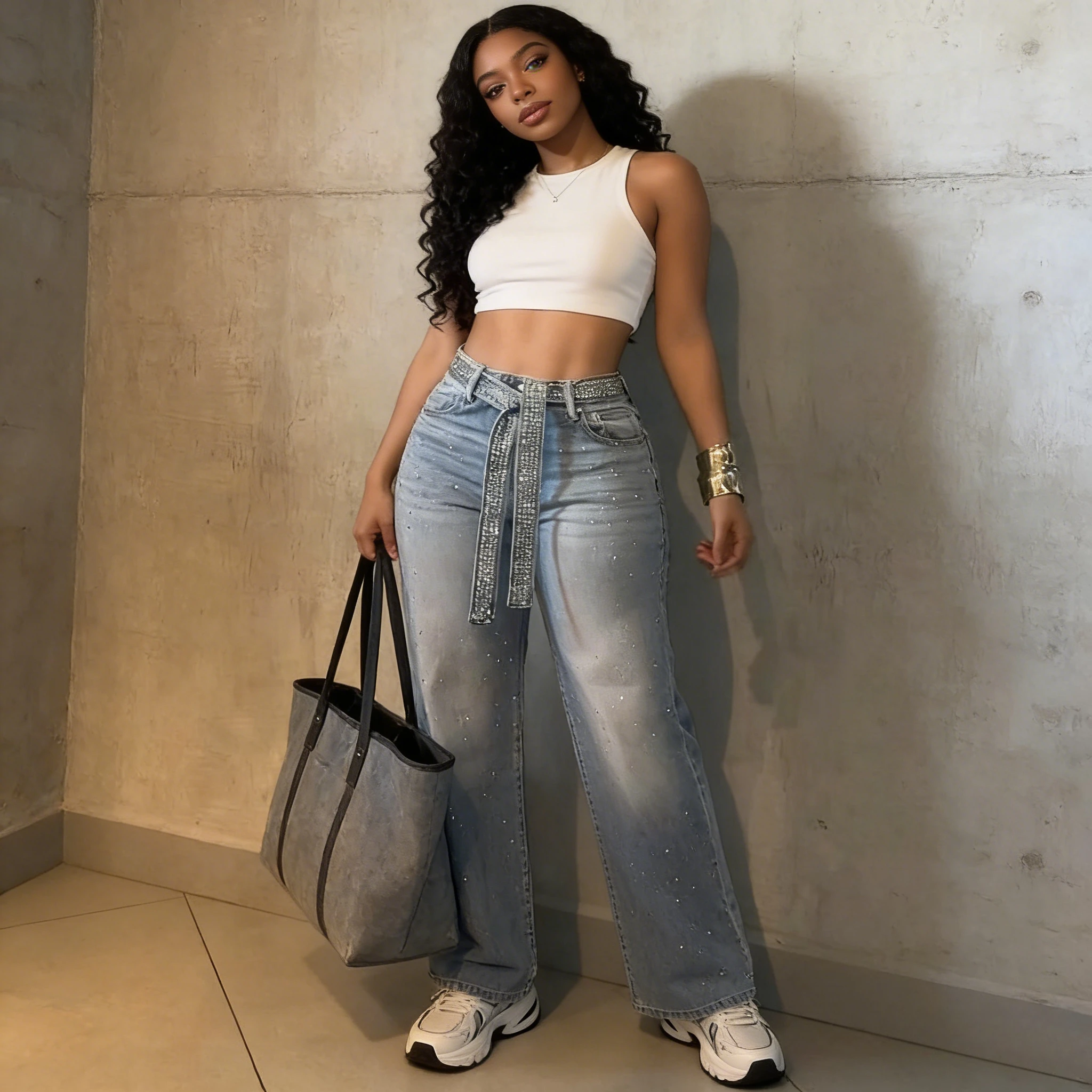 Jean en denim pour femme, coupe large vintage, taille haute, style Y2K streetwear, élégant, avec strass, 2026