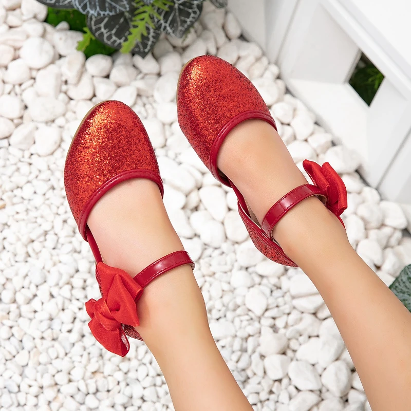 Kids Red Sequins Sandals Sweet Princess Bowknot Girls Dress Mary Jane Sandals Non-slip Party Perform Children High Heel Shoes
