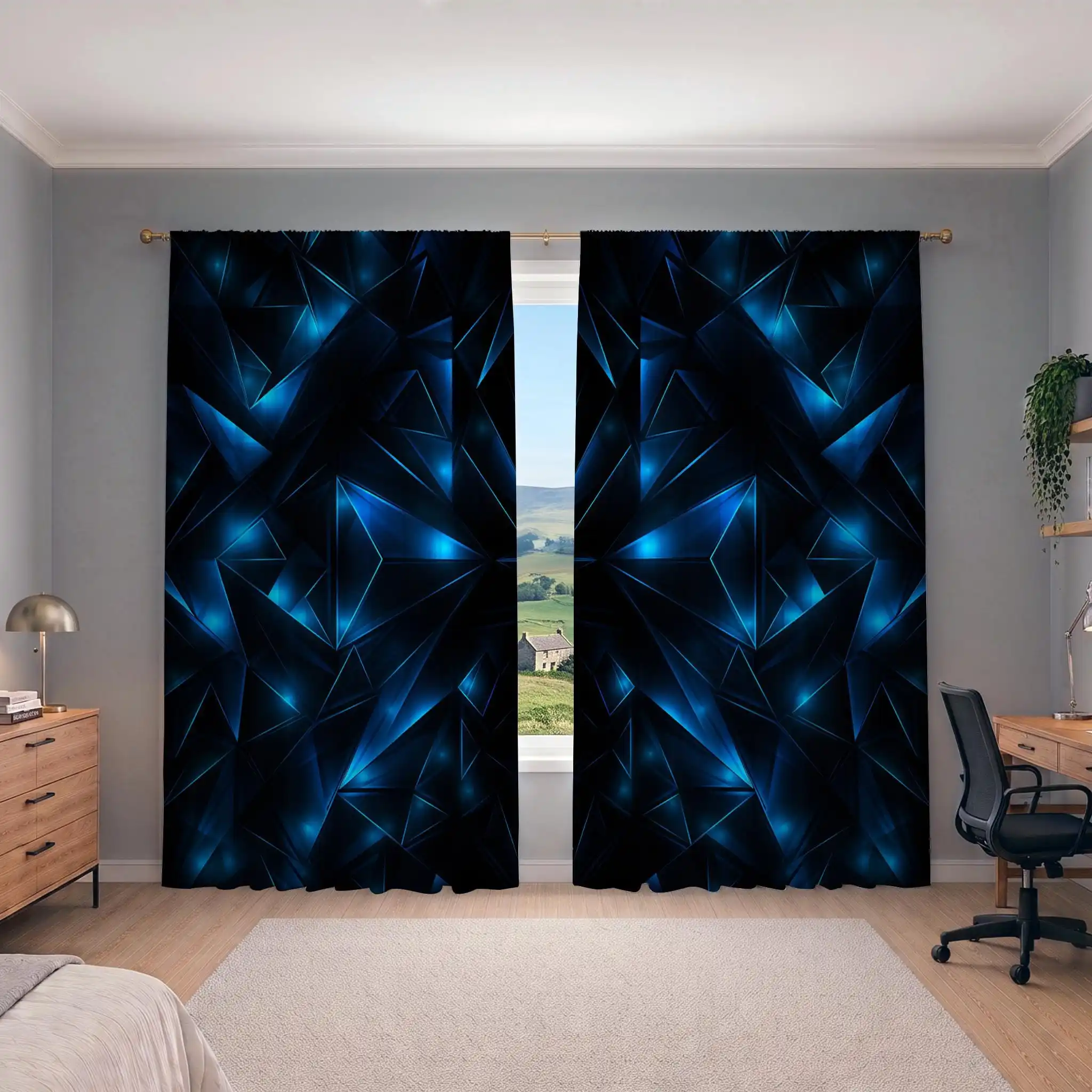 Modern Blue Geometric Pattern Curtains for Living Room Home Decor Energy Saving Window Drapes