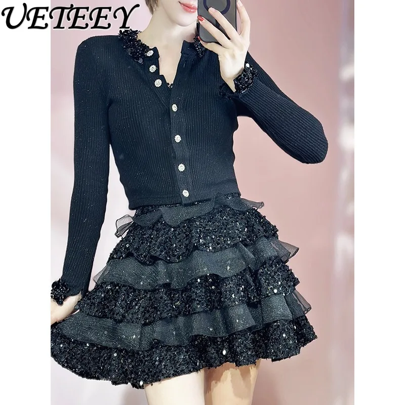 

Spring Autumn New Heavy Craft Bright Silk Beaded Short Sweater Round Neck Rhinestone Button Stretch Slim Knitted Cardigan