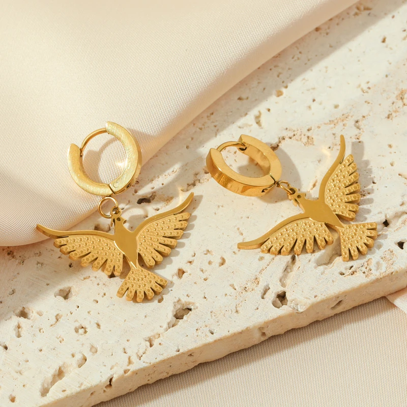 GANEMLY 316L Stainless Steel Phoenix Bird Dangle Earrings For Women Fashion 18K Gold Plated Waterproof Ear Jewelry Gift Bijoux