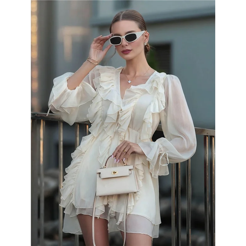 Abiti da sole per donna 2025 Mini abiti Boho Abito casual a maniche lunghe con volant Abiti da cerimonia per le donne