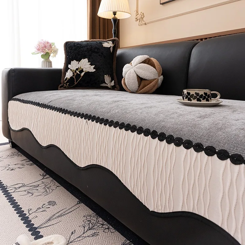 1 Stück Sofabezug aus Crinkle-Samt mit kontrastierendem Saum, einzigartige gebogene Form, Sofa-Handtuch, rutschfeste Schonbezüge für Wohnzimmer, Couch-Schutz