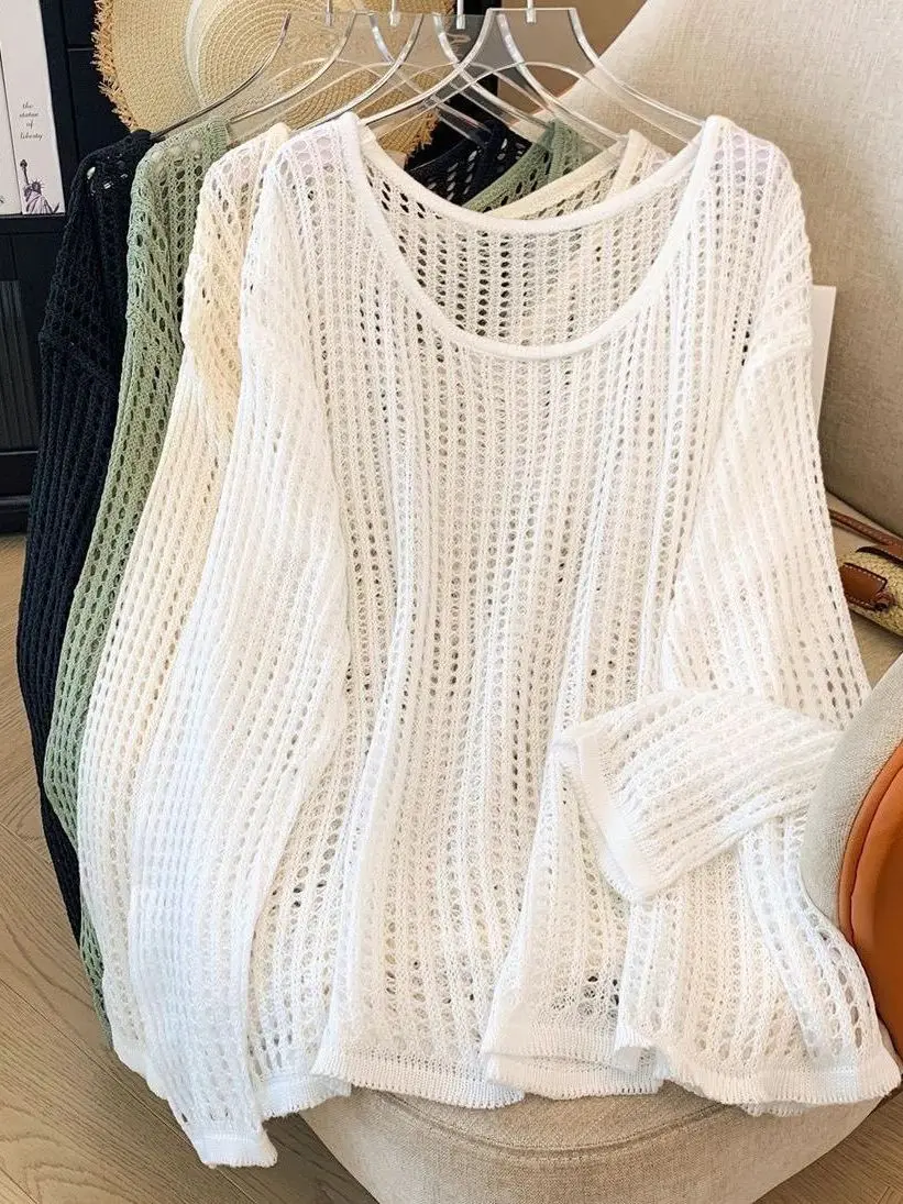 

Women's Knitted Hollow out Long Sleeve round Neck Summer Top Loose Fit Sun Protection Shirt Casual Comfortable Korean Style