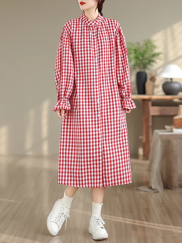 High-End Koreaanse Japanse Plaid Lange Dr Dames Faionable Veelzijdige Retro Aosphere Kraag Dr Plus Size A-lijn Rok