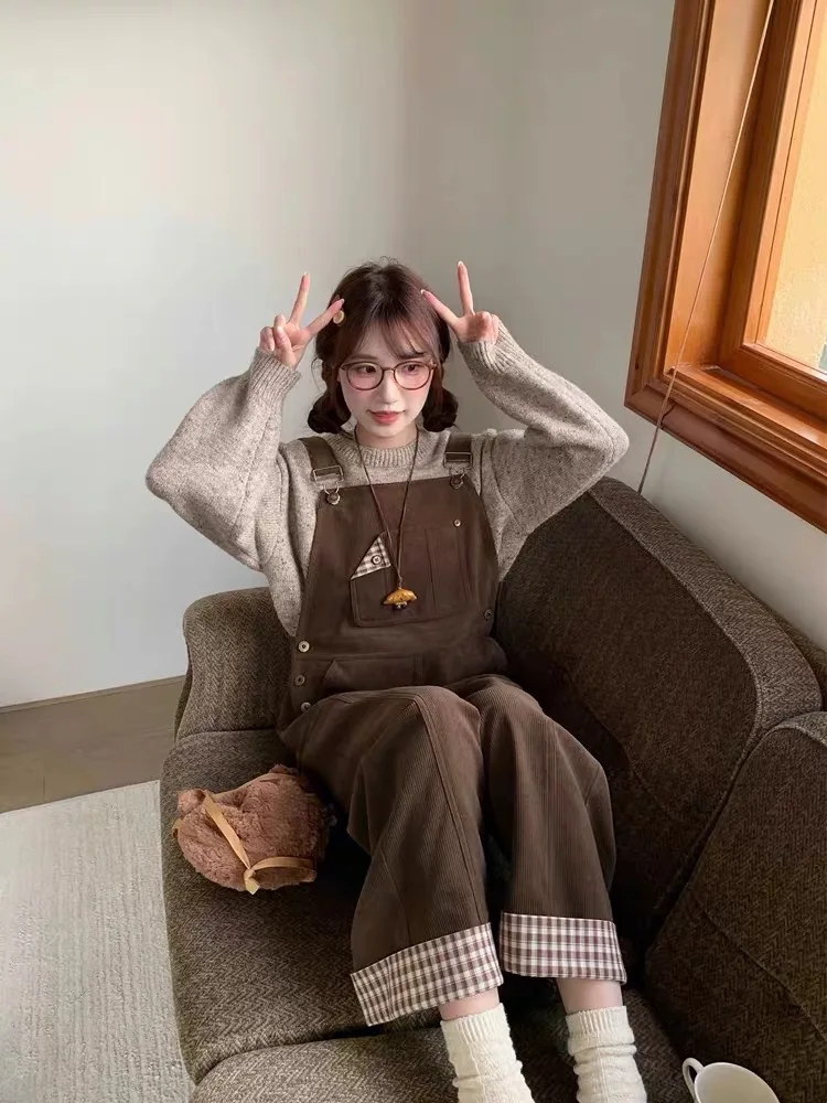 Caramel Corduroy Overalls Women's Autumn 2025 New Sle Cute Vintage Loose Straight Leg Jumpsuit High Waist Button Closure