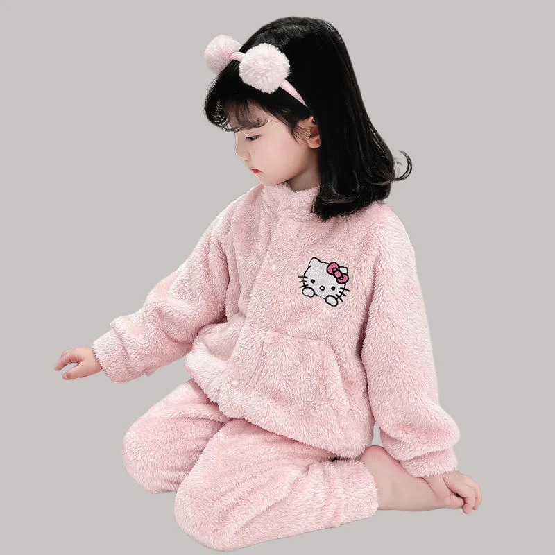 Hello Kitty Hot Sanrio Girl Pajamas Suit Kuromi Kawaii Children Home Clothing Loungewear with Velvet Thickening Cartoon Gift New