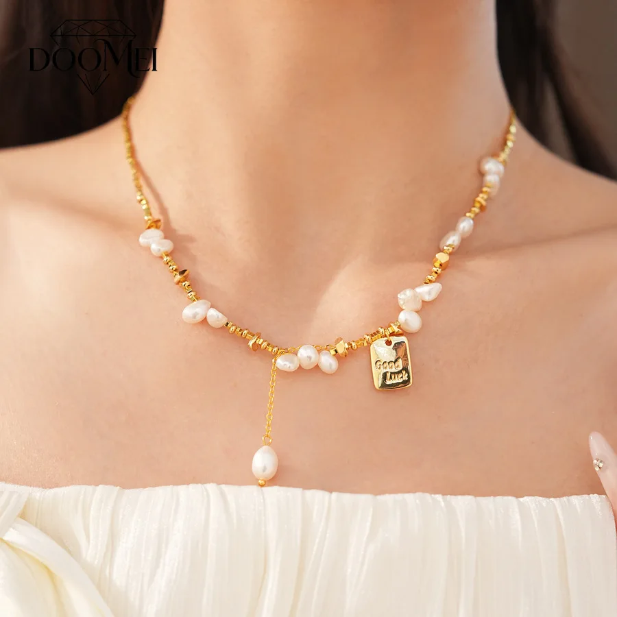 DOO MEI Baroque Pearl Y Necklace for Women Gold Color Tag Pendant Adjustable Chain Necklace Daily Party Wedding Jewelry