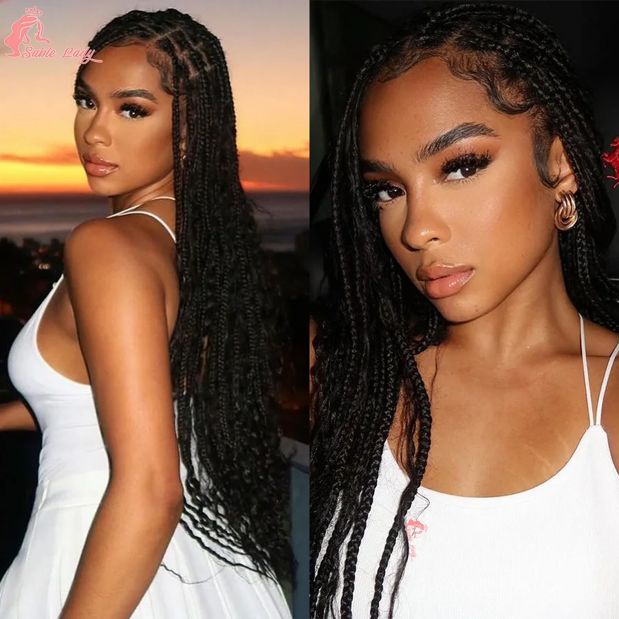 Goddess Synthetic Full Lace Boho Braided Wig Knotless Box Braids Wig For Women 32inch Cornrow Braiding Wigs With Boho Curls ends