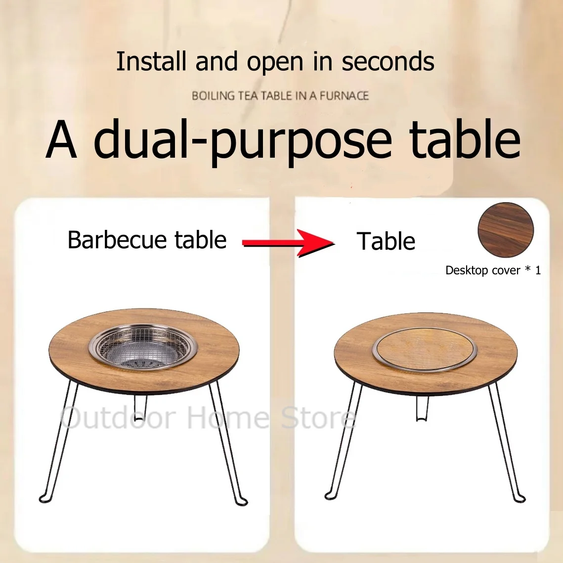 Multifunctional Camping Round Table Lightweight Protable Outdoor Wood Stove Table Folding Picnic Barbecue Grill Circular Table