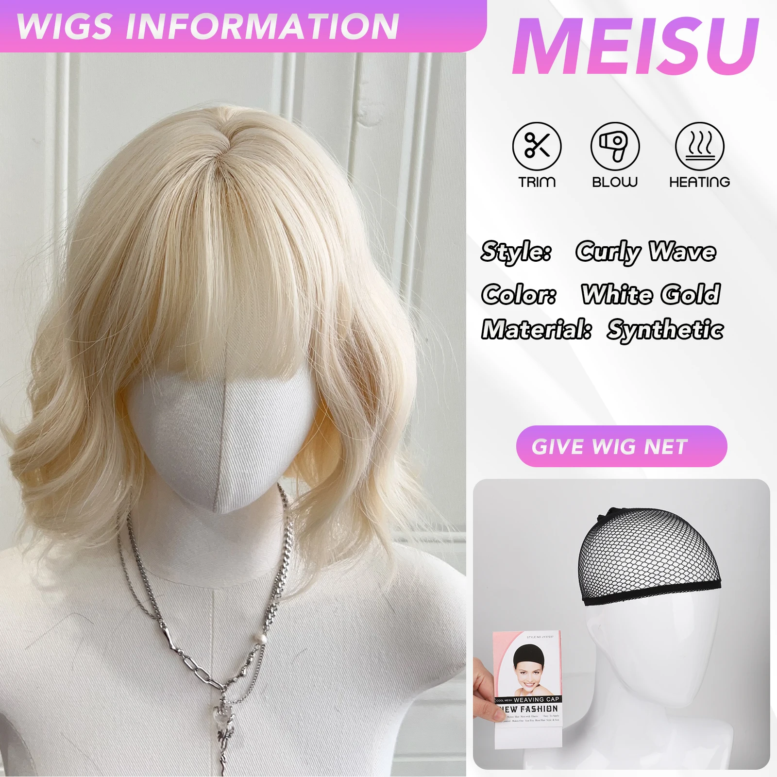 MEISU 12 بوصة الذهب الأبيض مجعد موجة شعر مستعار اصطناعي مقاومة للحرارة الطبيعية السلس الشعر أنيق الانفجارات الطرف الباروكات للنساء