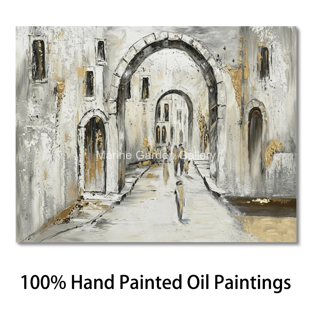 Hand-Painted Abstract Jerusalem Old City Oil Painting Gold Textured Israeli Street Canvas Art Jewish Wall Decor for Living Room