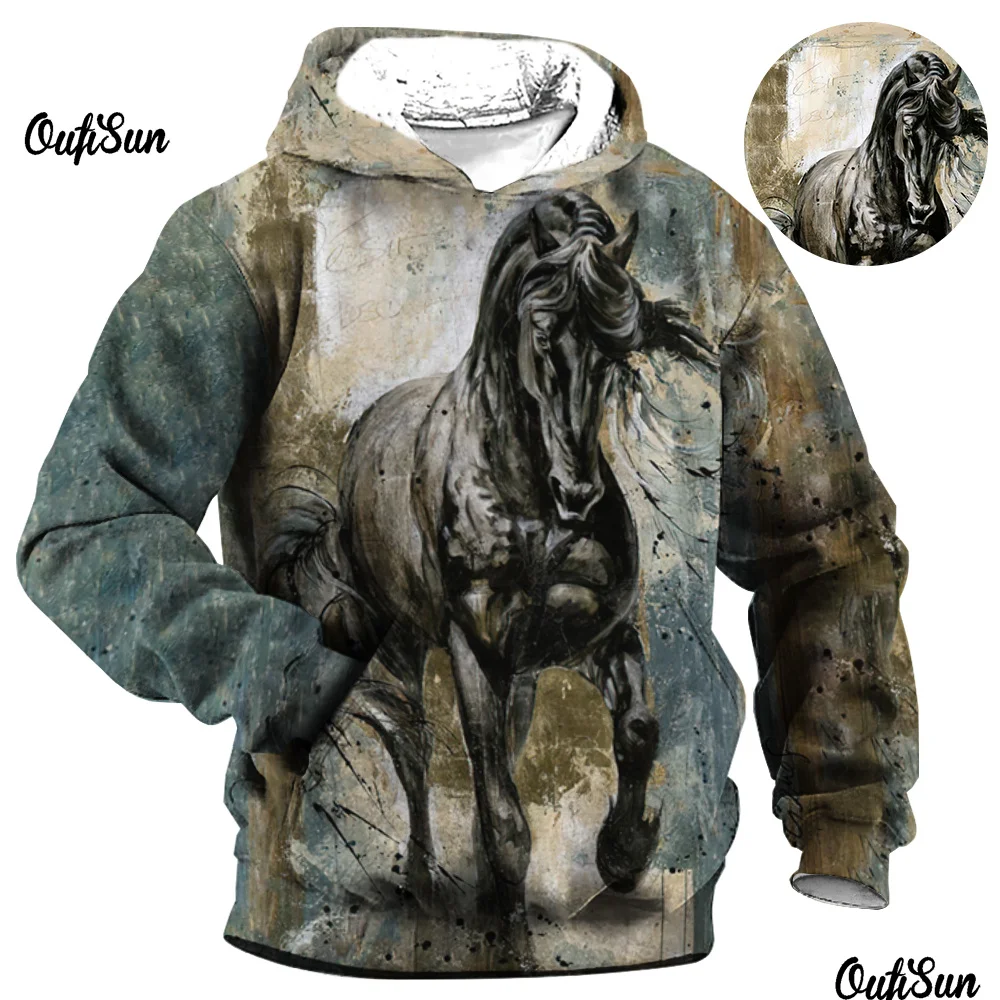 

Animal Men's Hoodies 3d Horse Print High-Quality Men's Clothing Street Designer Long Sleeved Loose Oversized Pullover Retro Tops