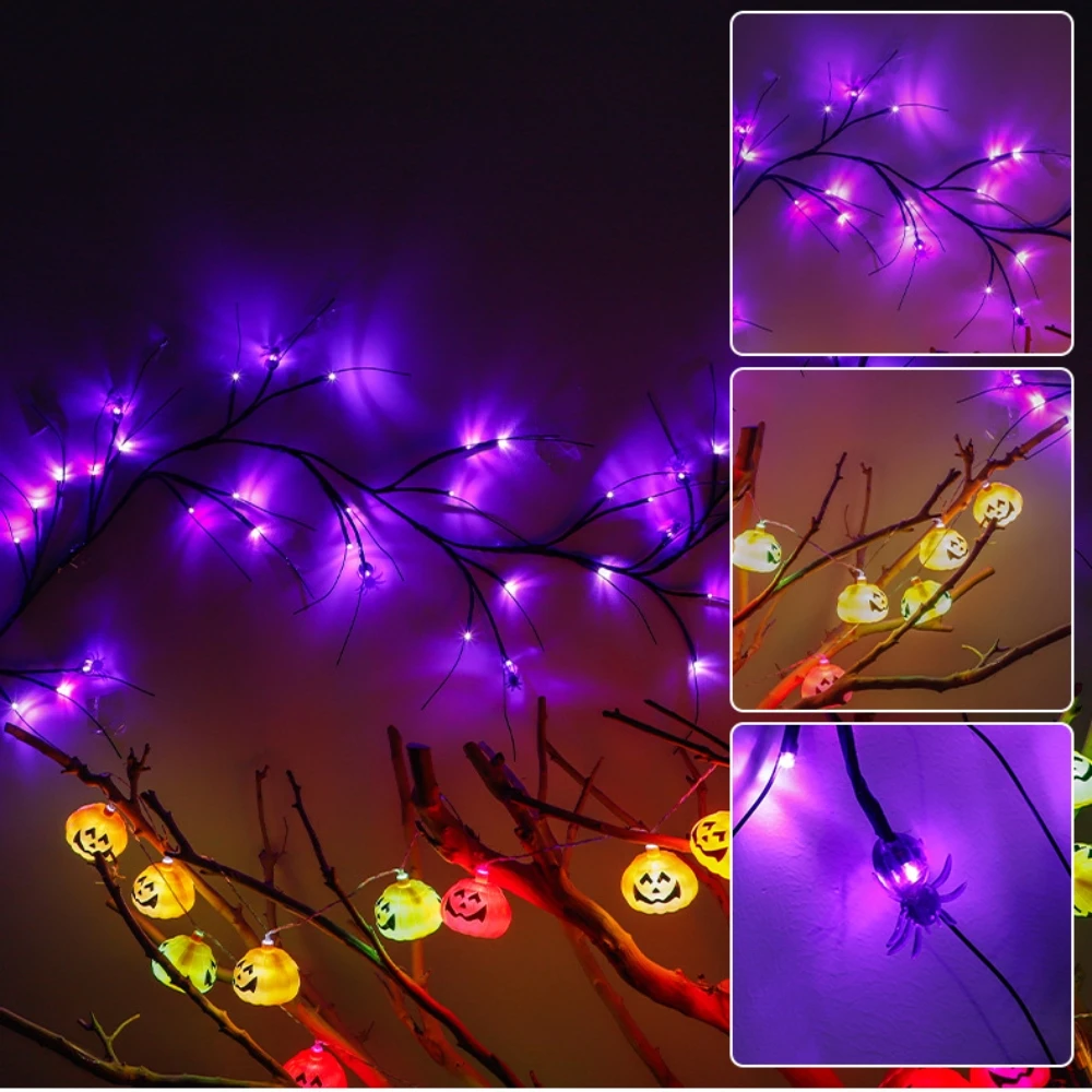 Branches d'Arbre de Noël en Rotin, Lampe Citrouille d'Halloween, Guirxiété Lumineuse à Batterie/USB 62 LED pour la Maison, Décoration de ixde Mariage