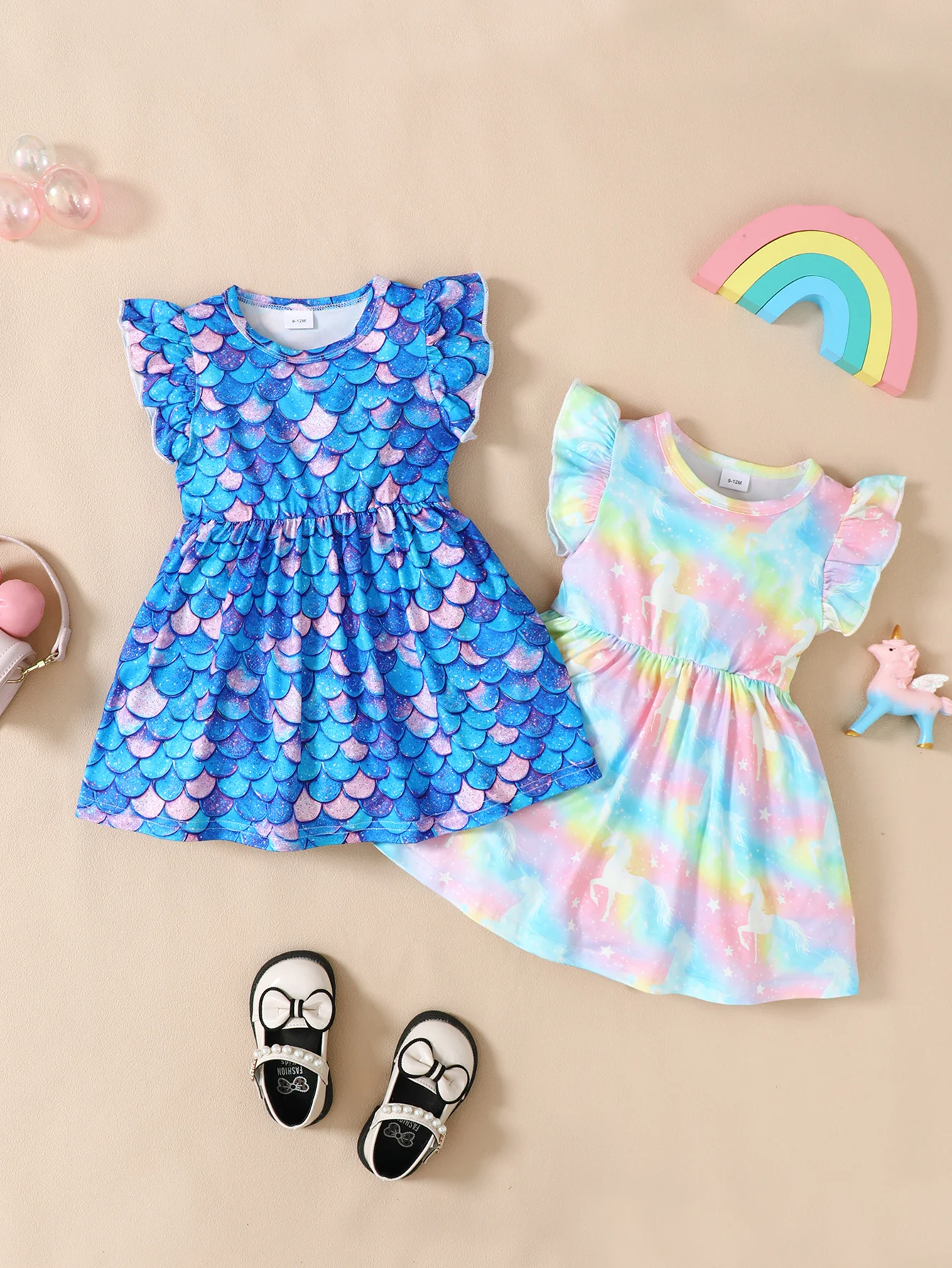 

2PCS Summer Girl/Child Flying Sleeve Round Neck Casual Dress Shining Fish Scale and Unicorn Pattern Print