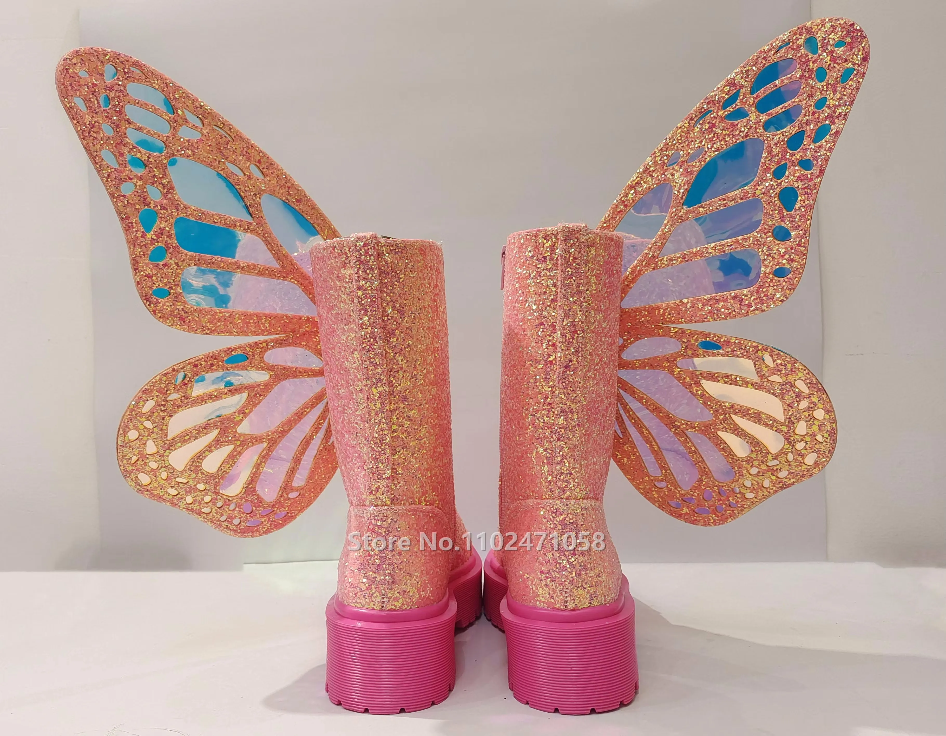 Pink Short Boots with Thick Bottom for Women, Butterfly Wing, Lace-Up, Mid-Calf, Chunky Bottom, Bling,Summer ,Fashion Design