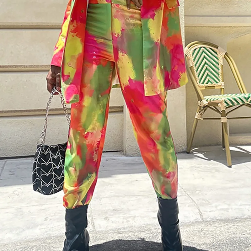 Women Fashion Tie-Dye Printed Pants Spring 2024 Autumn New Pants Trousers Women Casual Button Zipper Mid Waist Suit Pencil Pants