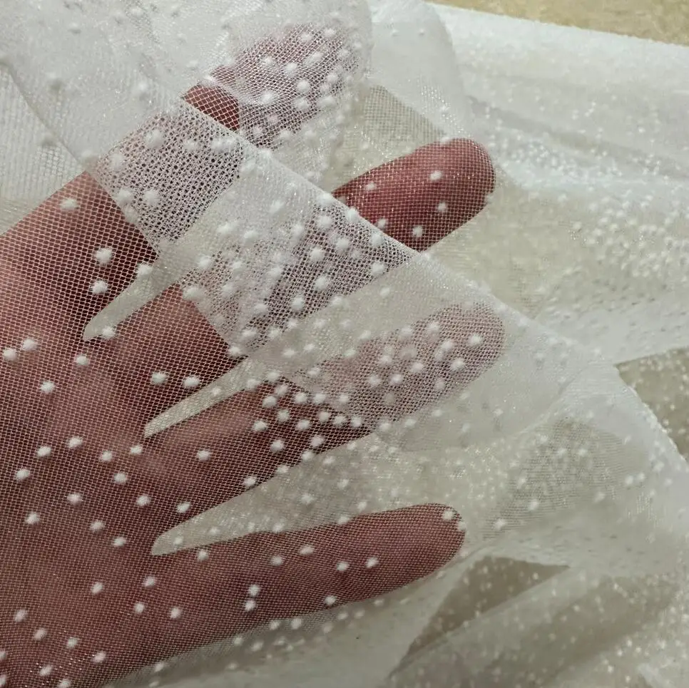 0.5Yard White Flocked Dot Mesh Tulle Guipure Lace Fabric High Quality Bridal Dress Wedding Decoration Sewing Net Fabric 150 Wide