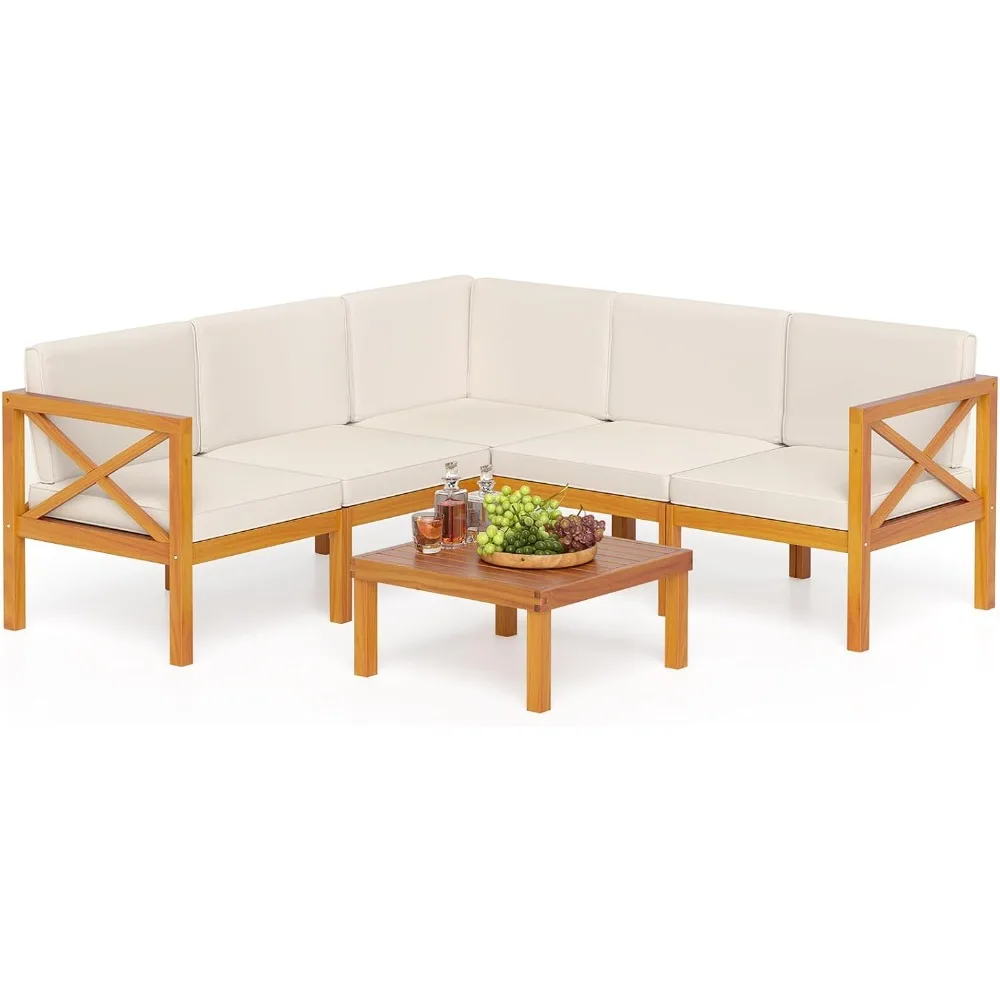 Outdoor Sectional Conversation Set with Cushions and Coffee Table, L Shaped Corner Sofa Set for Garden,  Poolside and Backyard