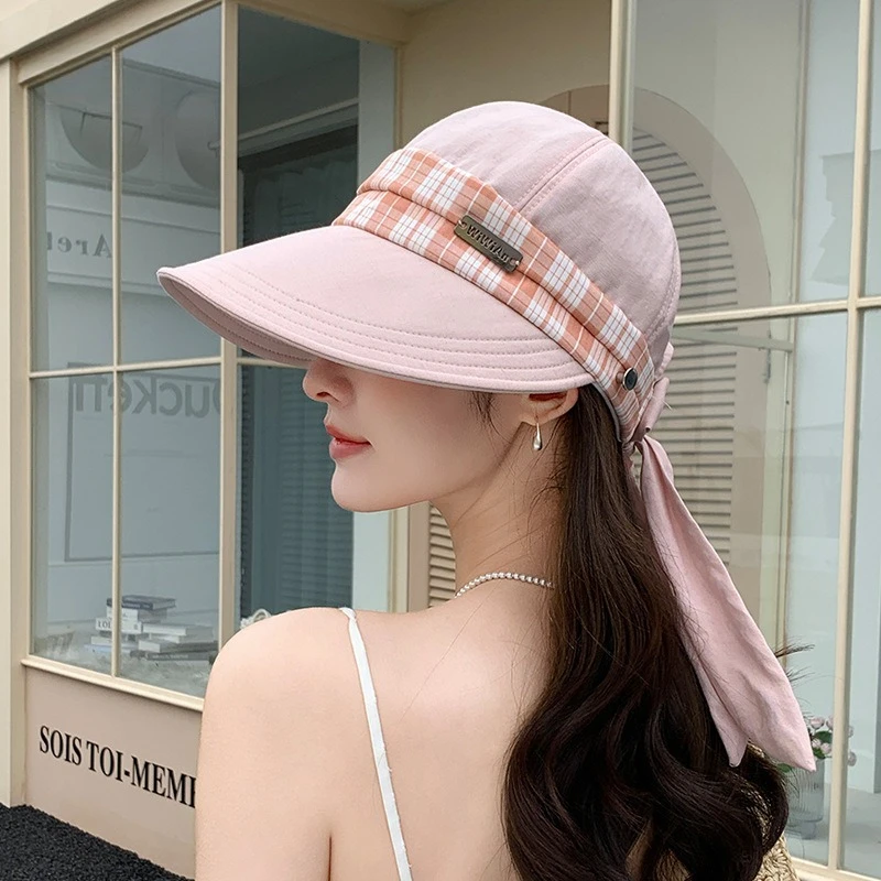 Spring Summer Versatile Check-patterned Hat Outdoor Large Brim UPF 50+ UV Protection Sun Hat Korean Women Bow Travel Beach Cap