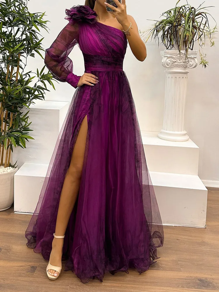 Spring Autumn Gauze Patchwork Simple Party Dress, Women Printed Holiday Long Sleeve Maxi Dress, Skew Collar Fashion Ladies Dress