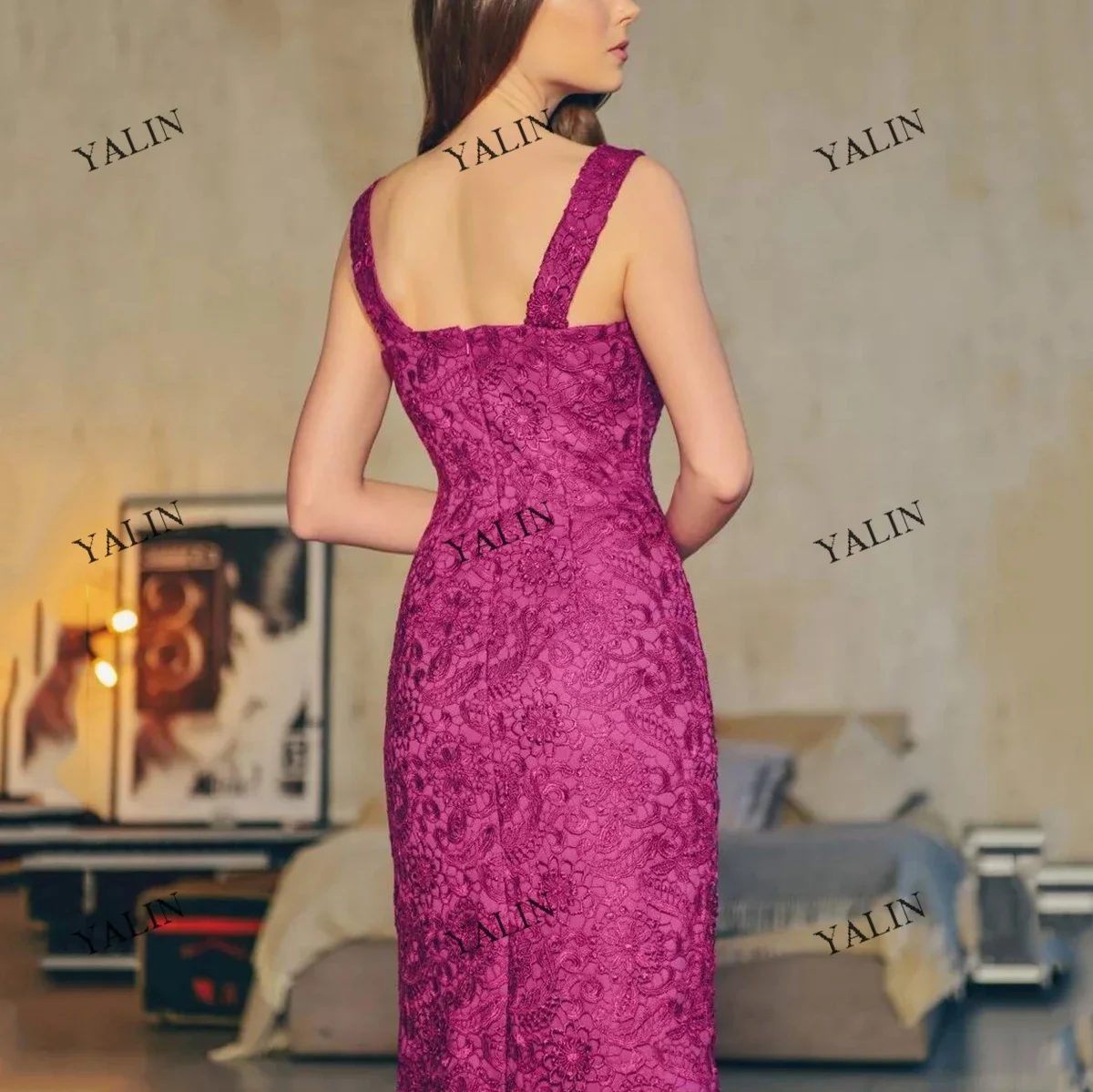 Customized Rose Red Mother Of The Bride Dresses 2 Pieces Knee Length Lace Embroideried Evening Gowns Square Collar Women Prom Dr