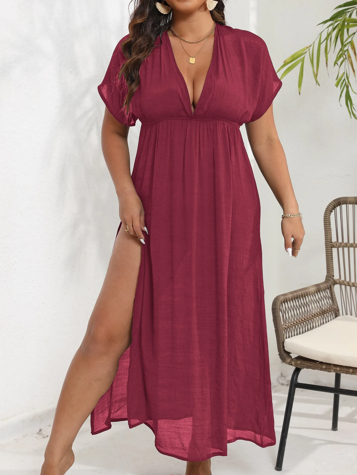 Sommerkleidung für Damen, tiefes V-Maxikleid für sexy Abendgarderobe, Dreiviertelärmel, Wickelkleid mit Bindegürtel