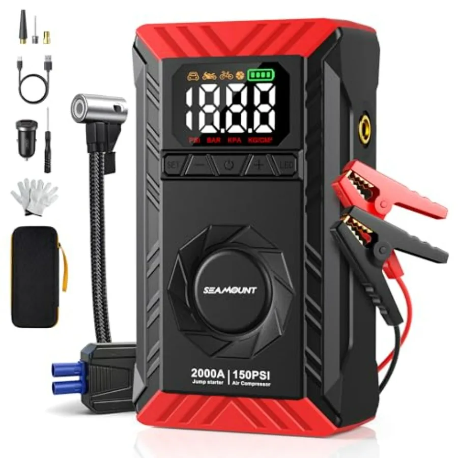 

2000A Jump Starter with Air Compressor Combo Portable Car Battery Booster Pack for 6L Gas/ 3L Diesel 150PSI Tire Inflator LED E