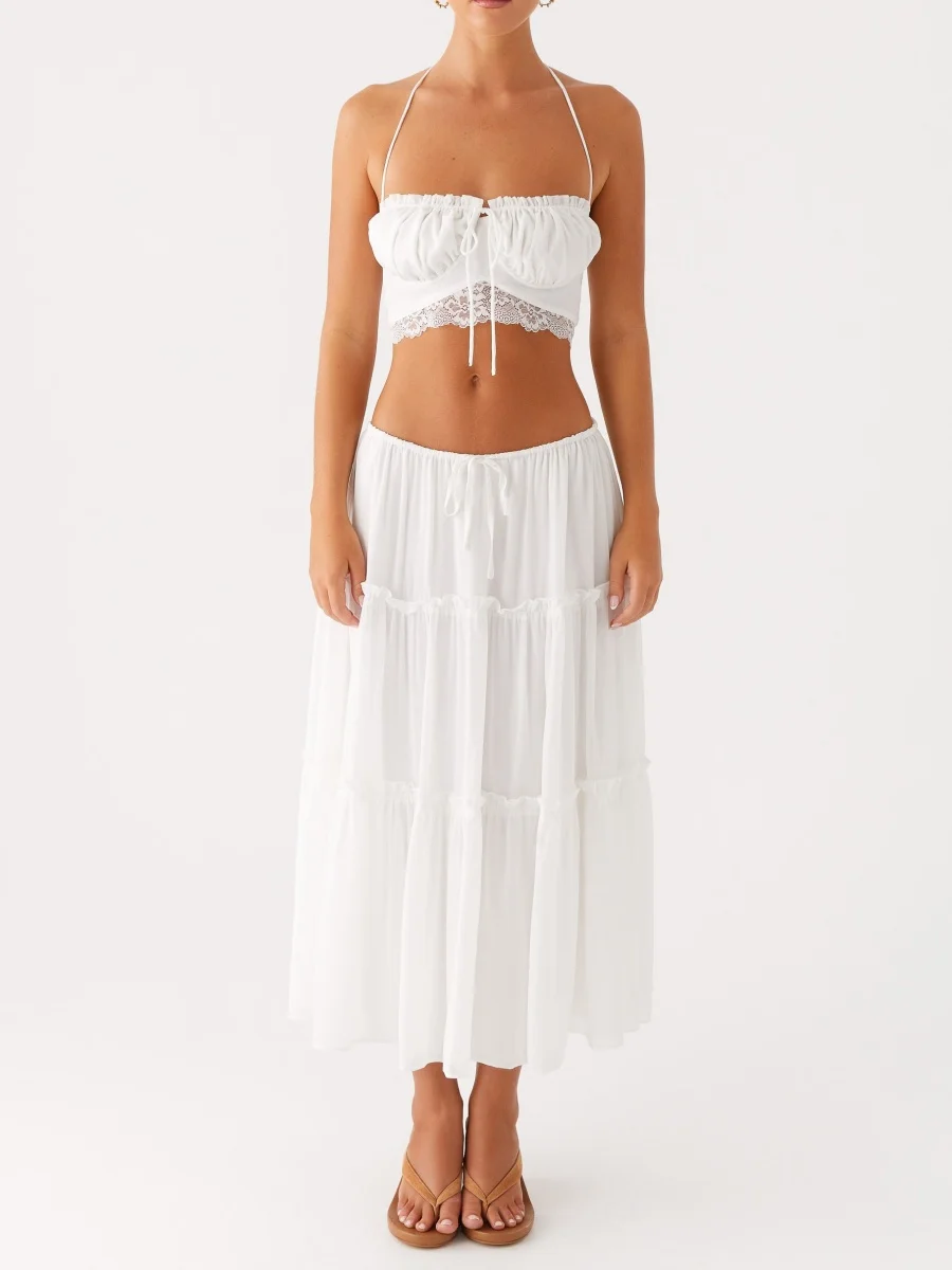 

Women Elegant 2 Pcs Pleats Sets Lace Trim Halter Ruched Slim Crop Camis Ruffled Skirt Summer Women Clothes Beach Festival Party