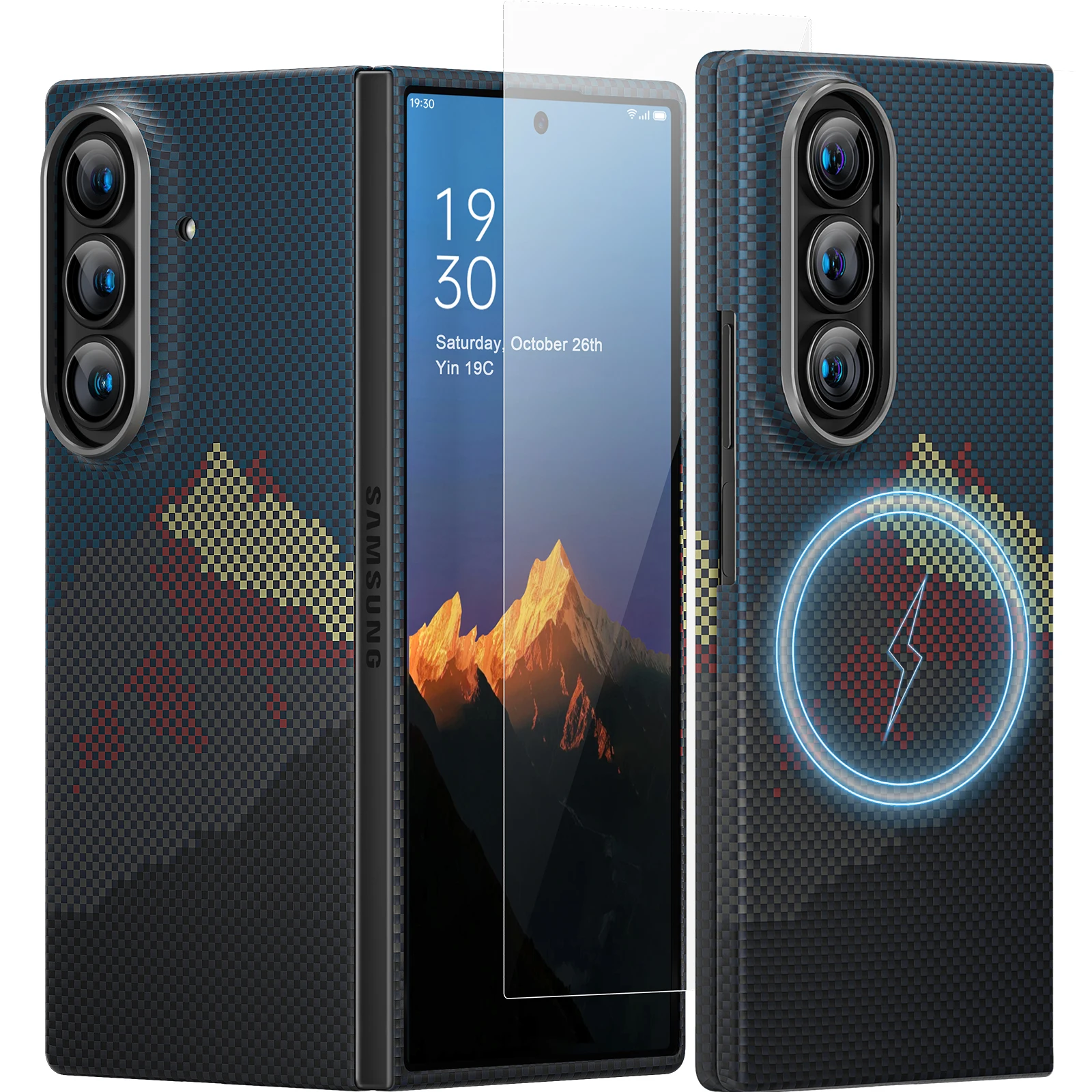 

memumi Real Aramid Fiber Magnetic Case for Samsung Galaxy Z Fold 7 +Front Screen Protector, Phone Case in Carbon Fiber Design
