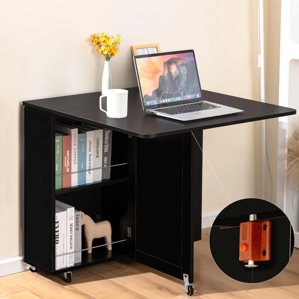 โต๊ะรับประทานอาหารพับได้ ประหยัดพื้นที่ โต๊ะรับประทานอาหารพับได้พร้อมลิ้นชัก ชั้นวางและชั้นวางไวน์ โต๊ะวางใบไม้สําหรับพื้นที่ขนาดเล็ก