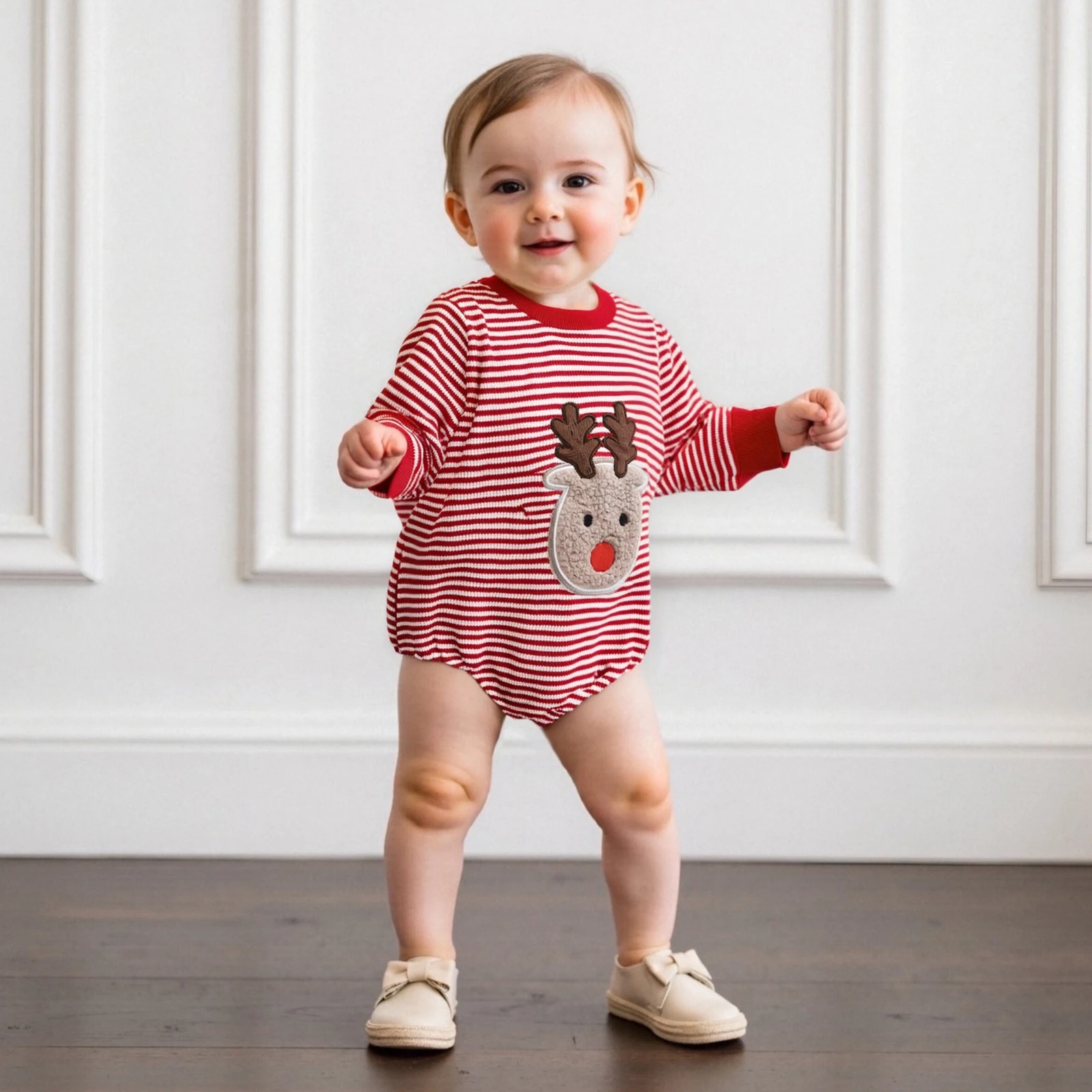 

Autumn Baby Striped Romper Fashionable Christmas Reindeer Embroidery Long Sleeve Jumpsuit Clothes