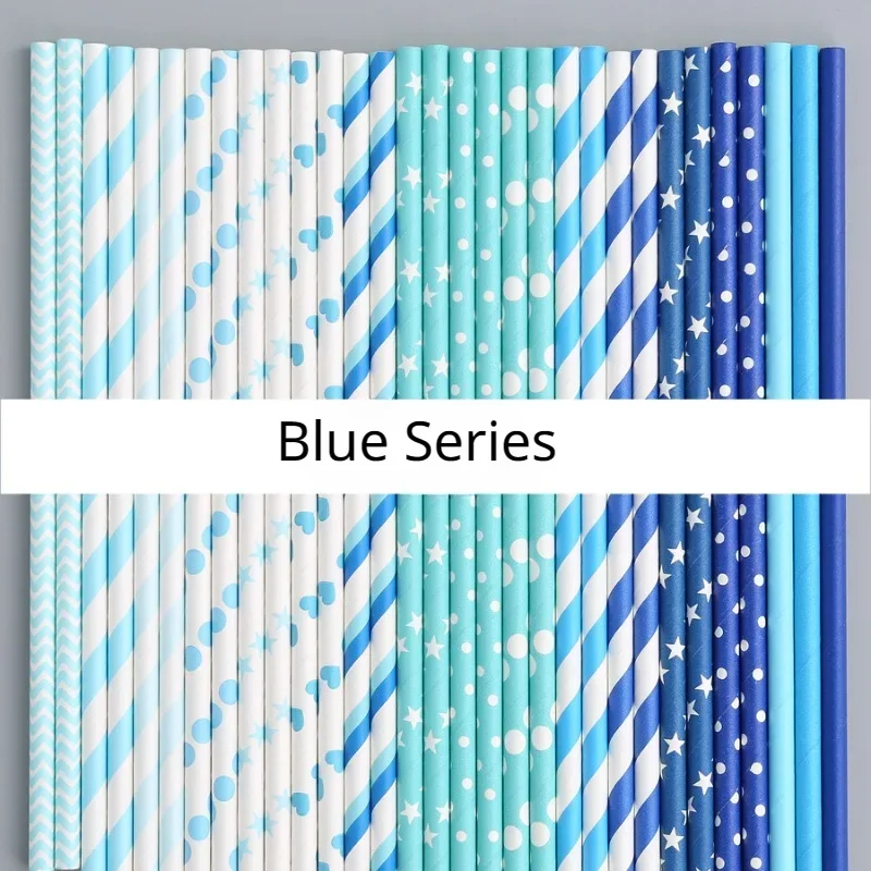 25/50pcs Disposable Paper Straws Degradable Paper Blue Series Party Tableware Wedding Decoration Supplies Kids Birthday