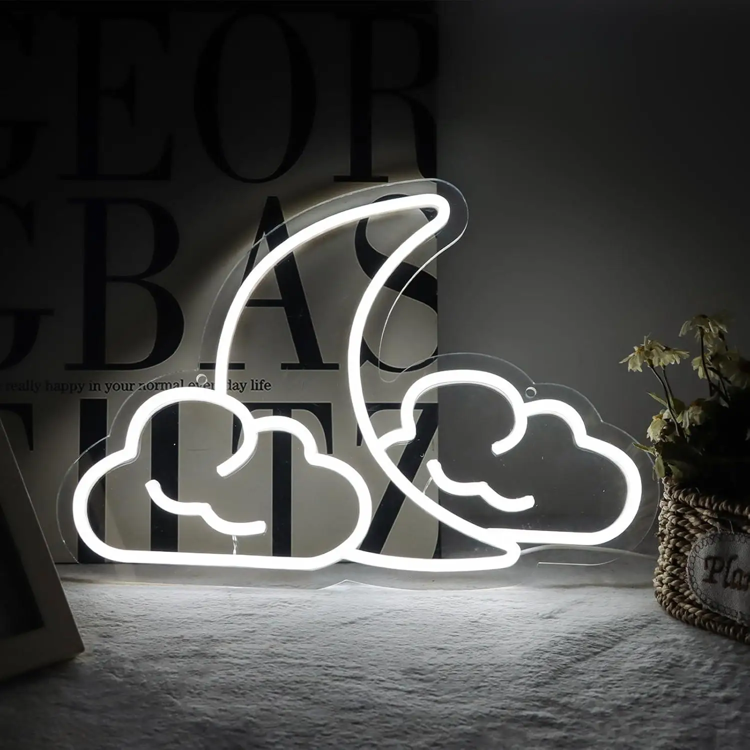 Moon and Cloud Neon Sign USB Dimmable LED Neon Light for Bedroom Kids Room Living Room Starry Sky Themed Wall Art Decor Gifts