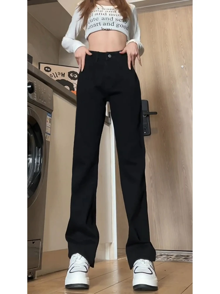 

Мужские джинсы прямого кроя для похудения, с высокой талией, на подкладке, черные, весна-осень, в уличном стиле, молодежный фасон, с высокой эластичностью