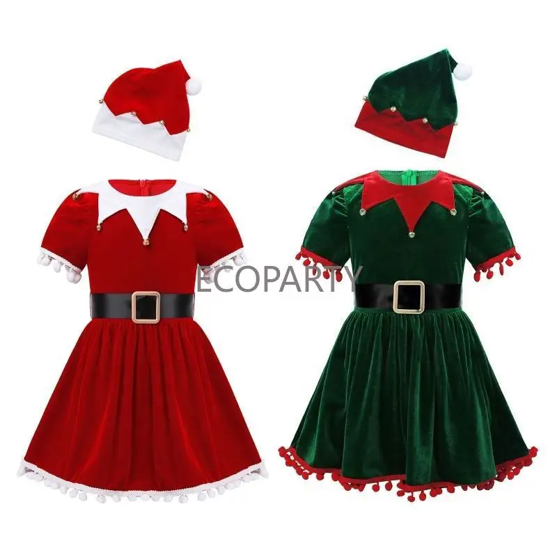 Kids Girls Christmas Costume Princess Dress with Belt Hat Short Sleeve Santa Gowns Festive Suit