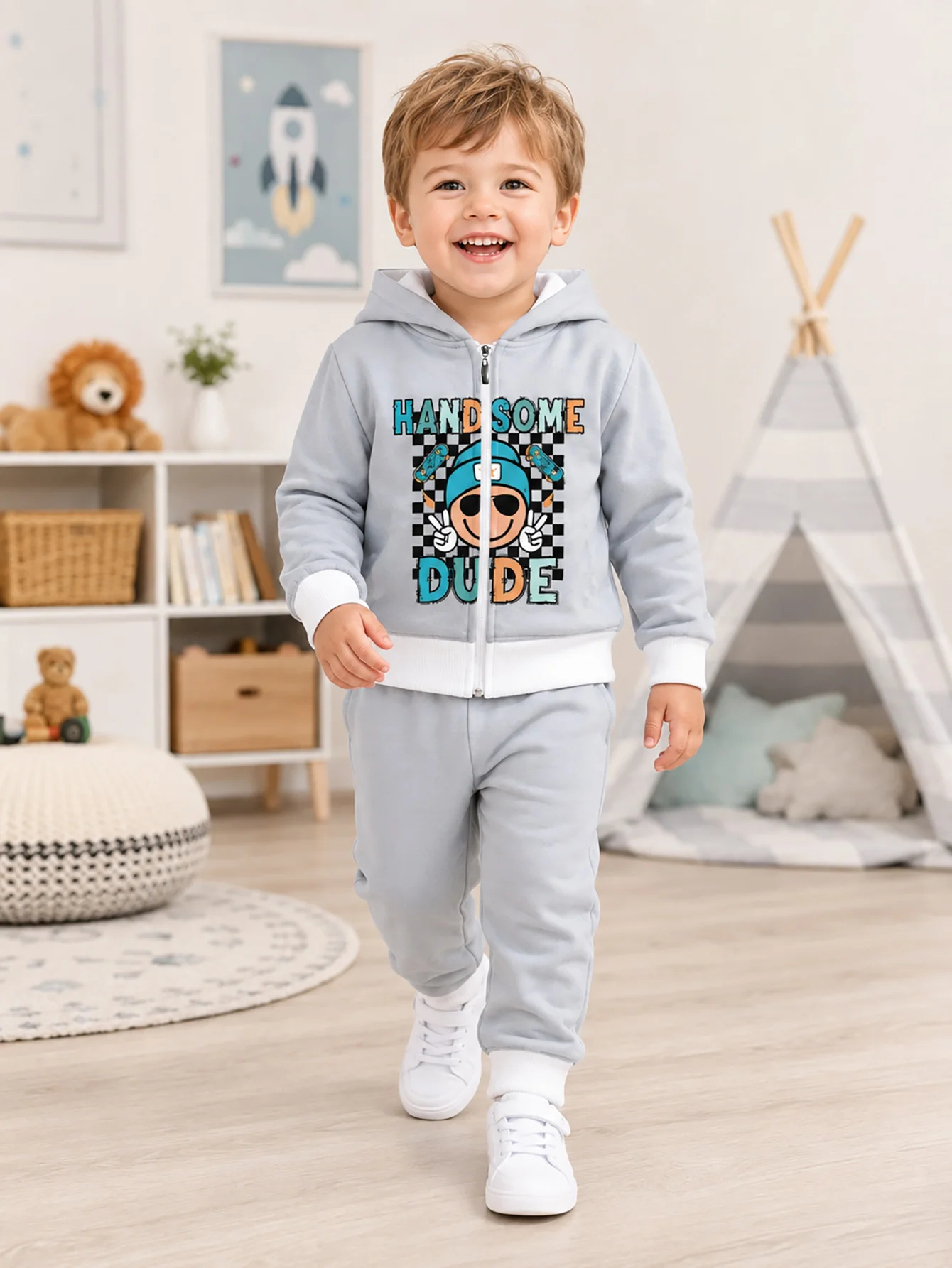 Hooded Zip Up Loose Sweatshirt Pants Set Cartoon Graffiti Print Light Gray Long Sleeve Loose Fit Boys Fall Winter New Style Tren