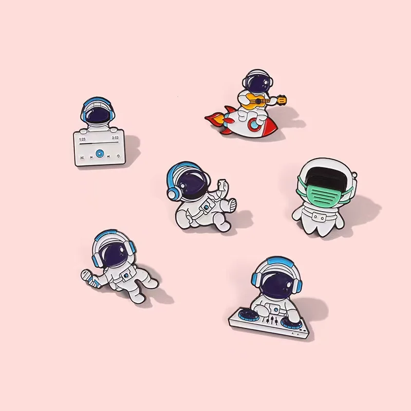 Music Astronaut Enamel Pins Custom Dreamer Guitar Microphone Singer Brooch Lapel Badges Childlike Cartoon Jewelry Gift Wholesale