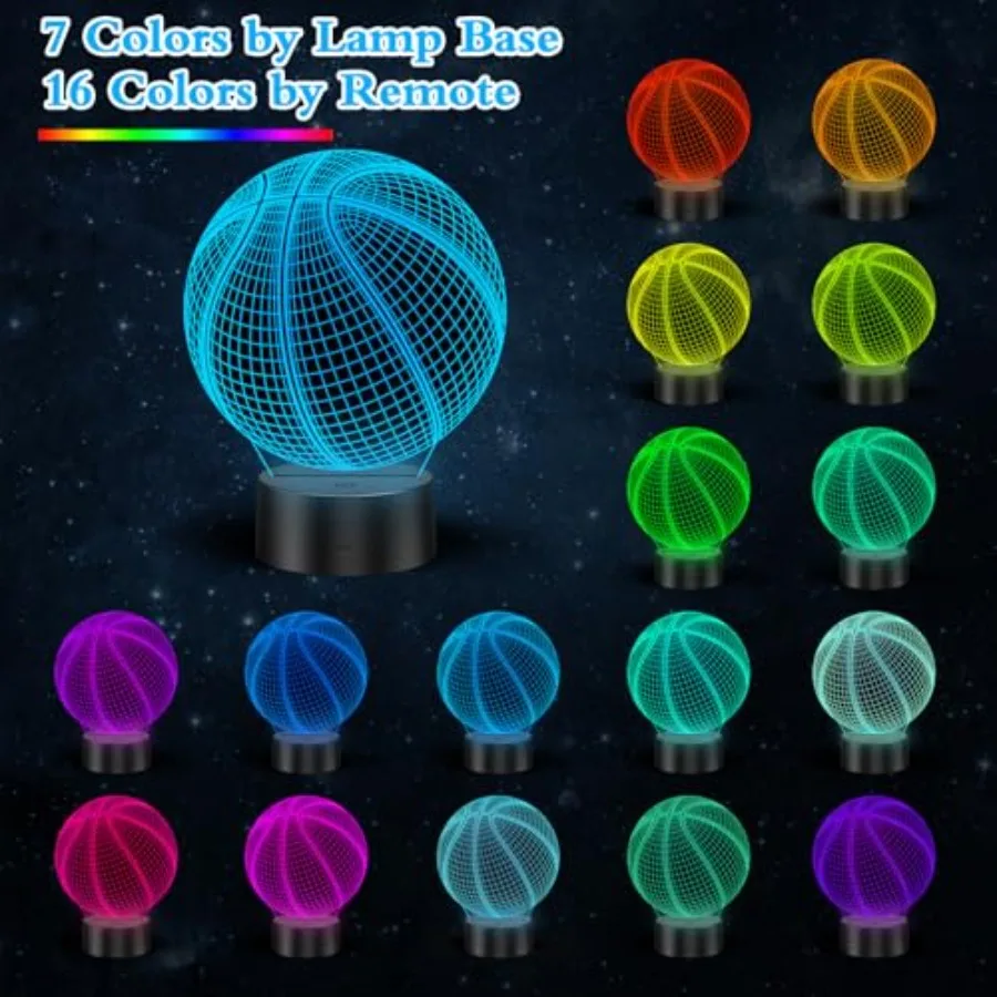 Basketball 3D Night Light Room Decor, 16 RGB Color Changing Illusion Lamp, Acrylic LED Basketball Bedside Lamp, Birthday Christ