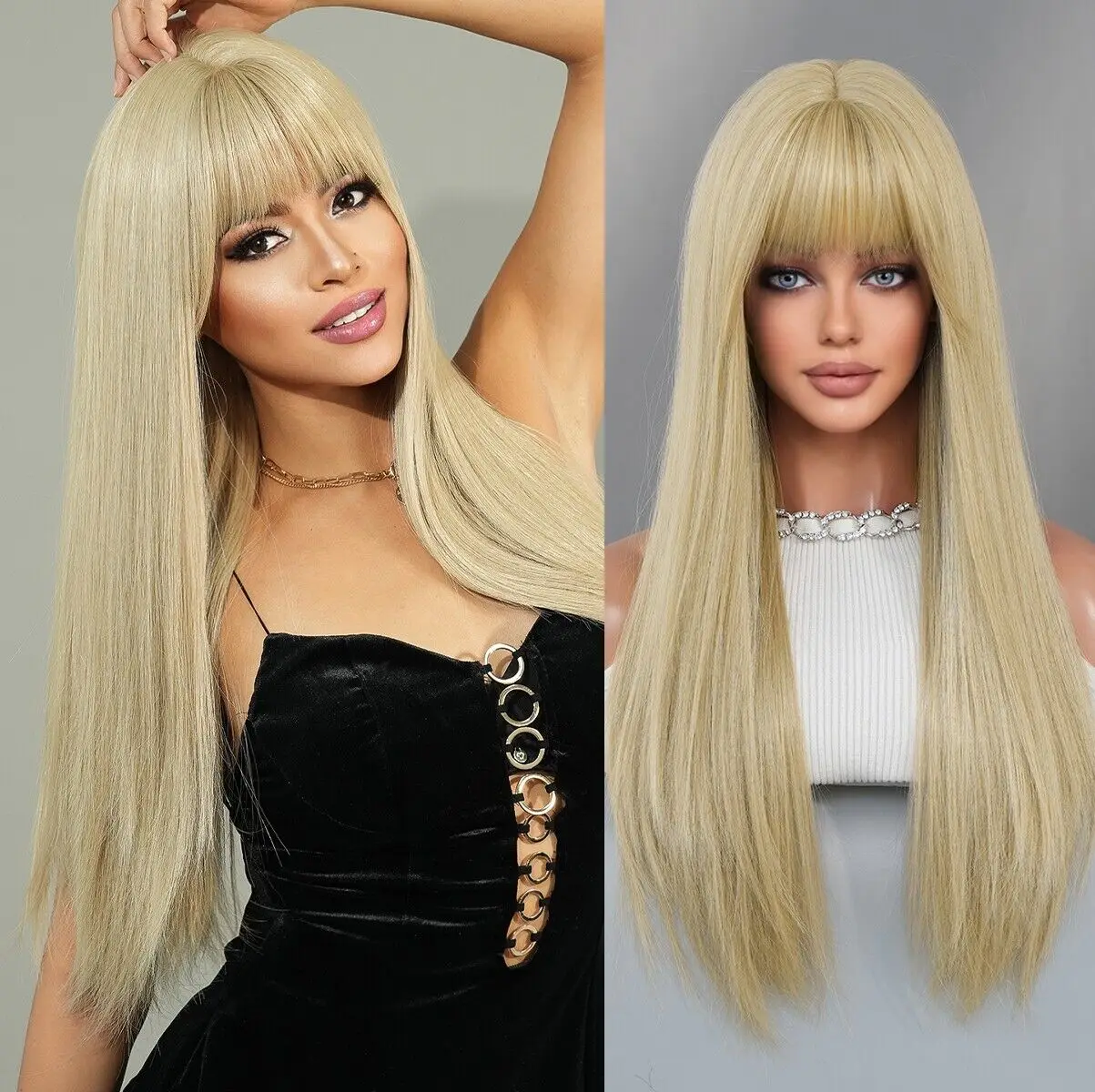 Halloween Long Straight Synthetic Hair Blonde Dress Up Wigs With Bangs