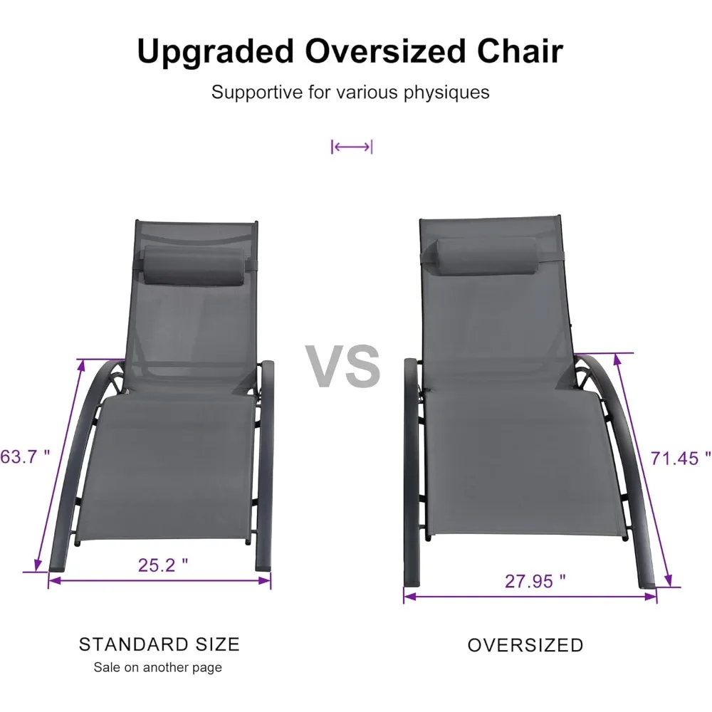 Oversized Patio Chaise Lounge Set with Side Table, Adjustable Recliner Chairs for Poolside, Beach & Outdoor